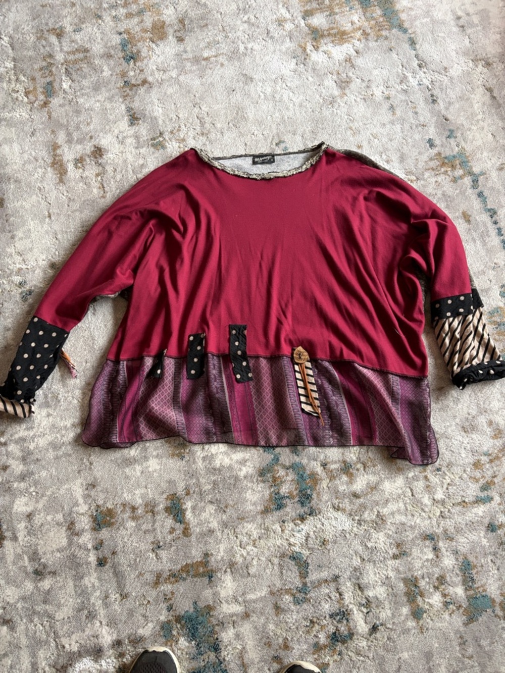 Mixed-Print Berry Tunic Top with Accent Details